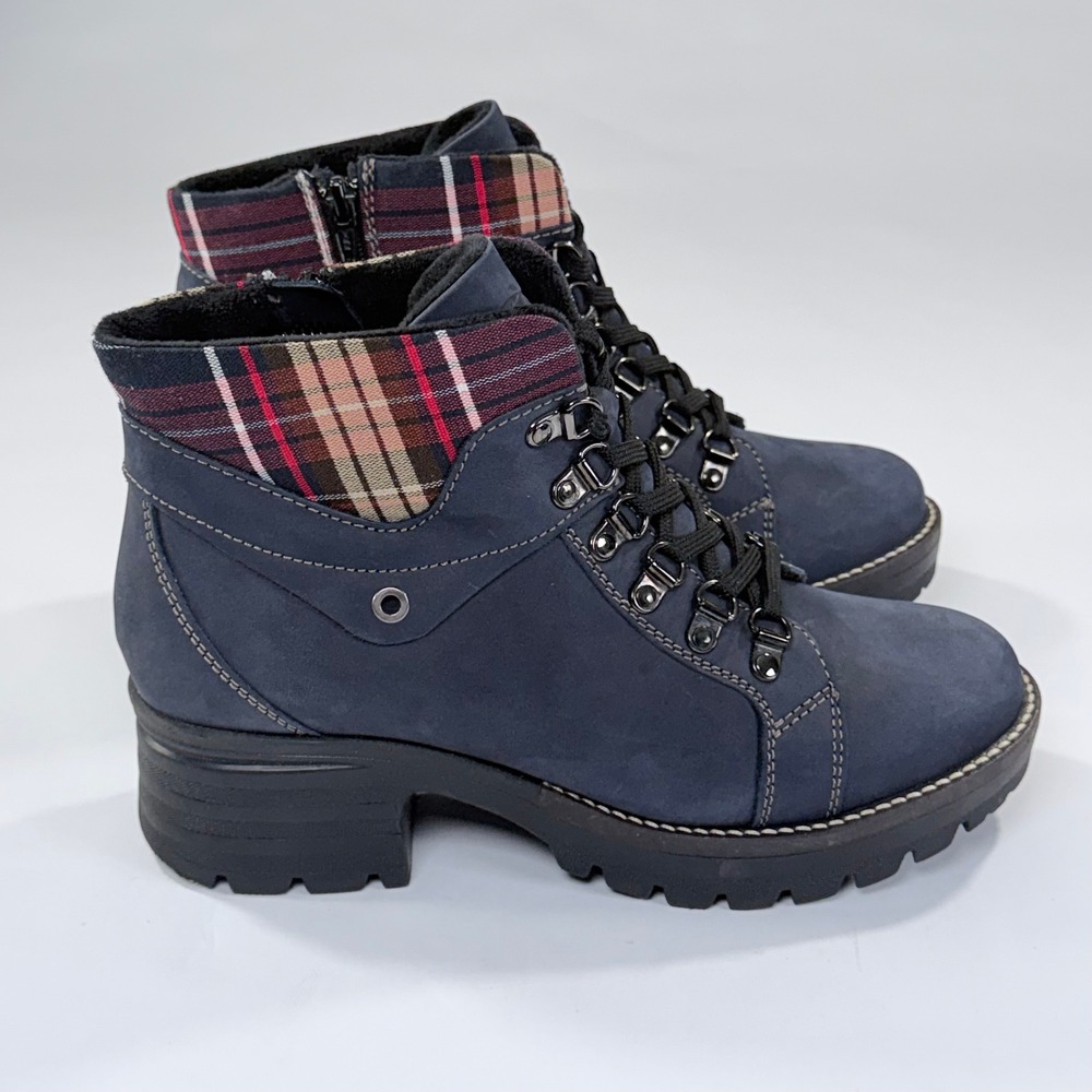 Dromedaris Kodiak Tartan Boots Womens 40 Blue Leather Plaid Cuff Lug Sole Combat